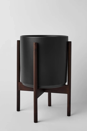 The 10" Black Cylinder w/ Dark Teak Stand,indoor flower container