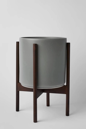 The 10" Gray Cylinder & Dark Teak Stand,indoor flower container