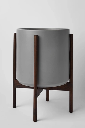 The 12" Gray Cylinder w/ Dark Teak Stand,indoor flower container