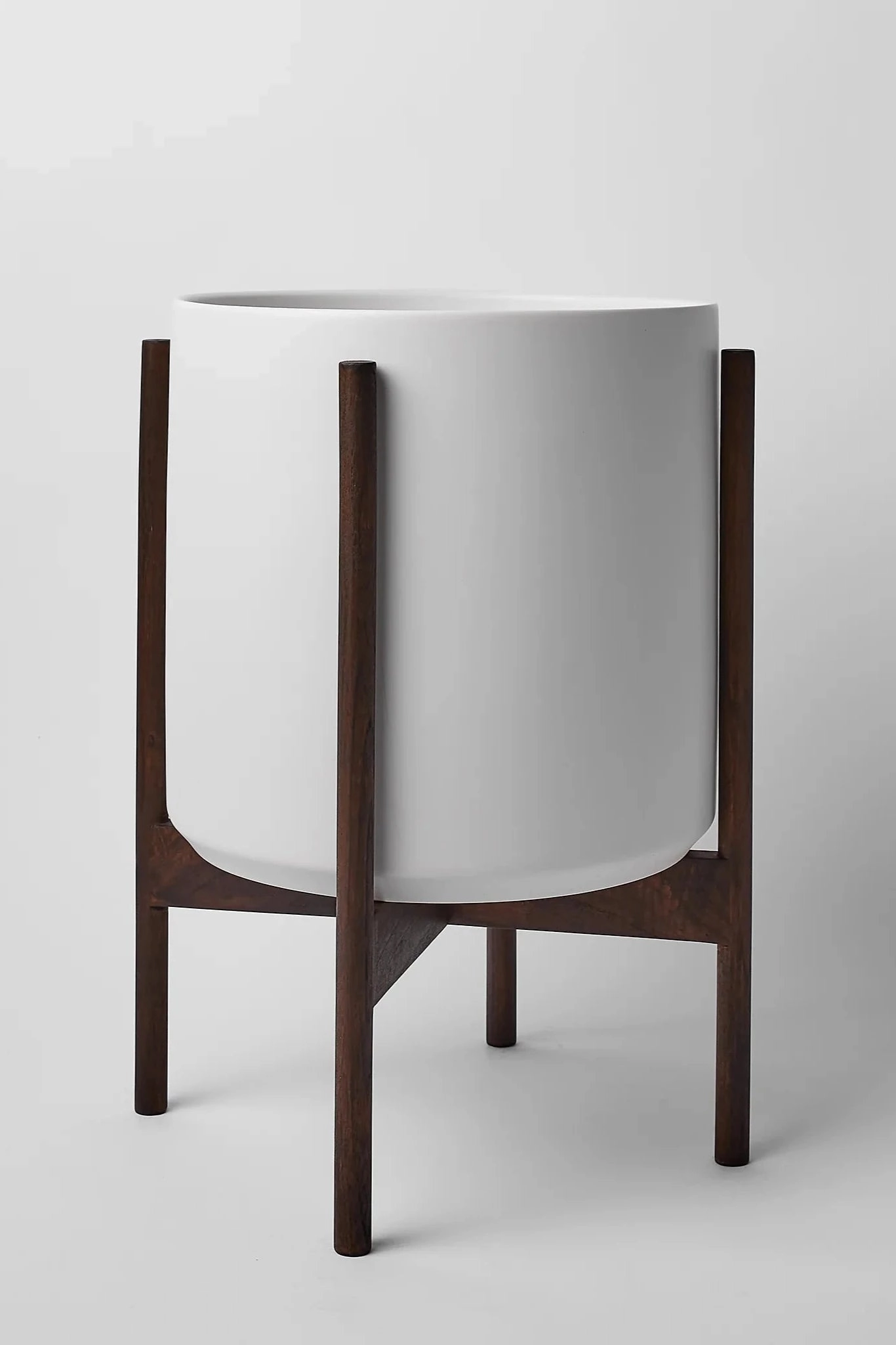 The 12" White Cylinder w/ Dark Teak Stand,indoor flower container