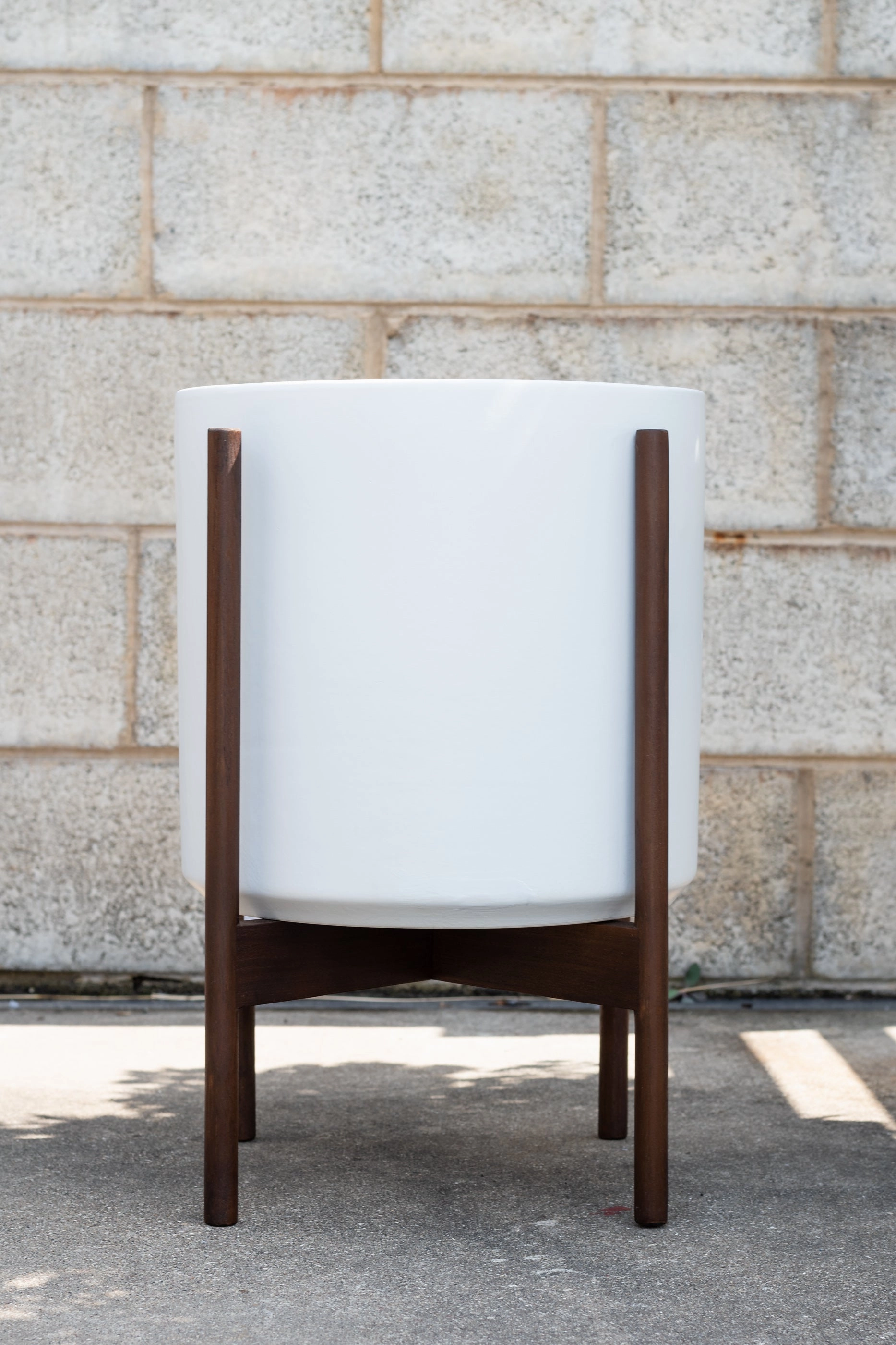 The 12" White Cylinder w/ Dark Teak Stand