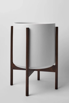 The 12" White Cylinder w/ Dark Teak Stand,indoor flower container