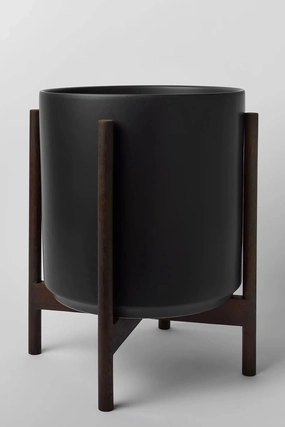 The 14" Black Cylinder w/ Dark Teak Stand,indoor flower container