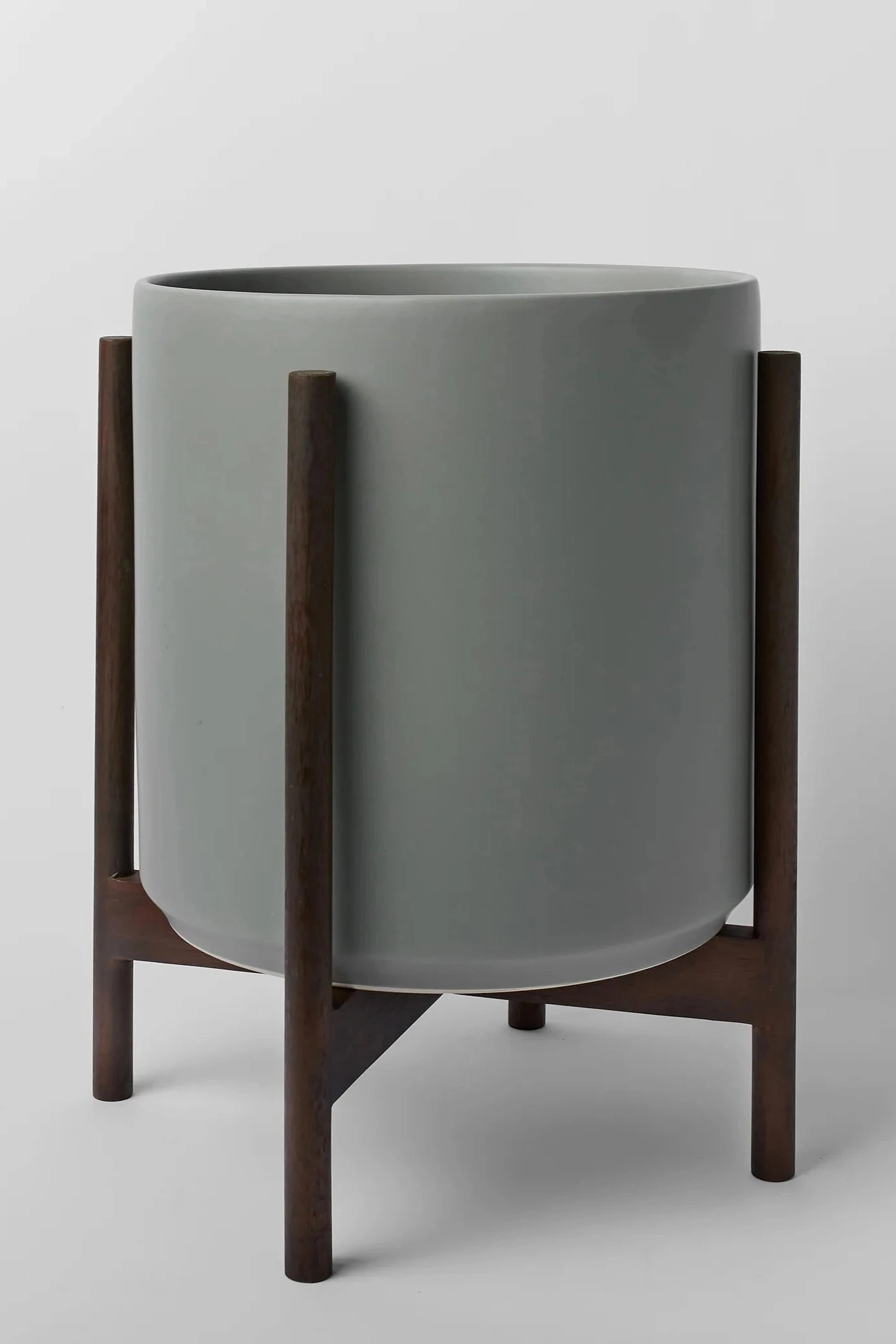 The 14" Gray Cylinder w/ Dark Teak Stand,indoor flower container