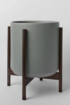 The 14" Gray Cylinder w/ Dark Teak Stand,indoor flower container
