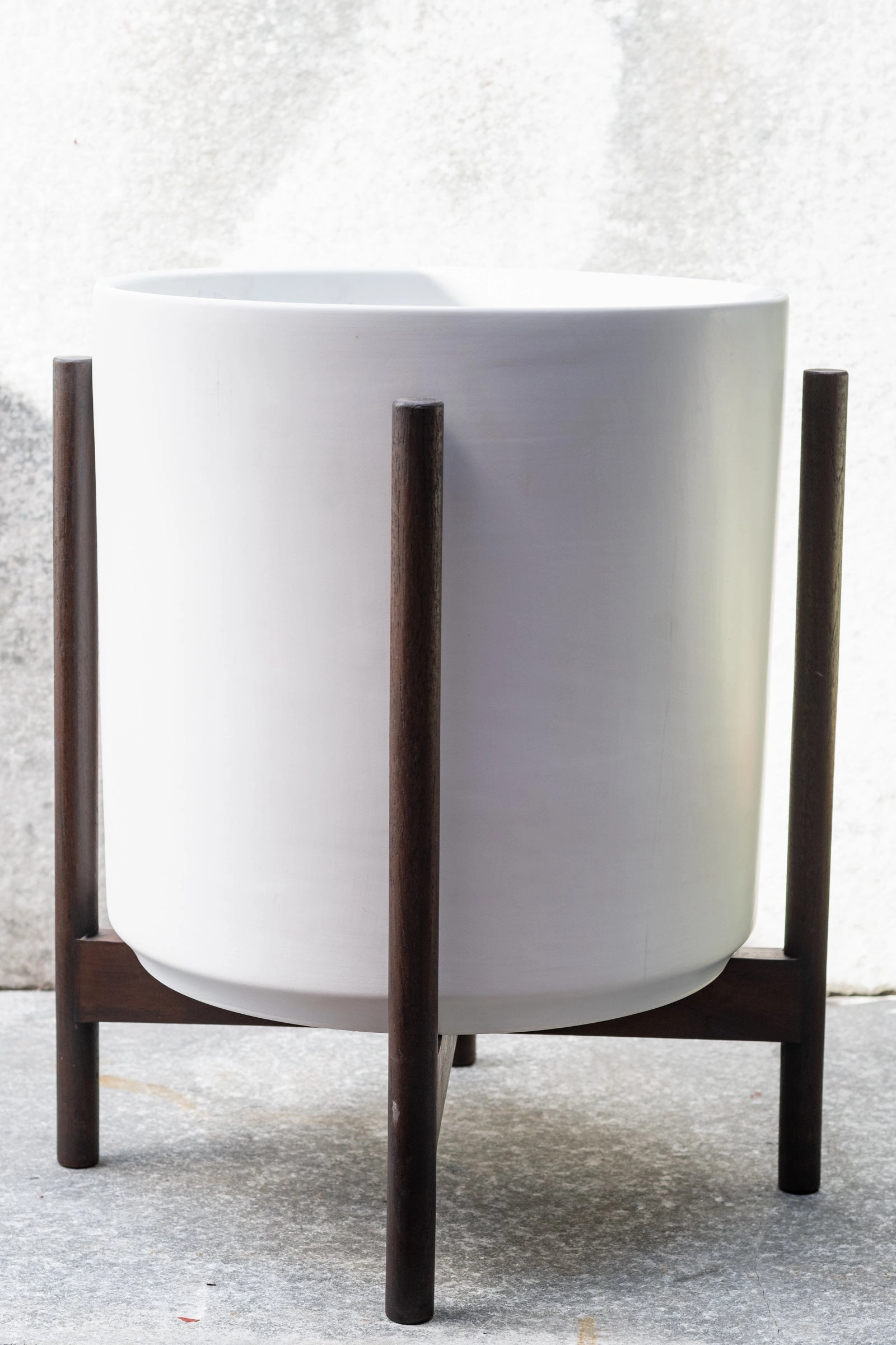 The 14" White Cylinder w/ Dark Teak Stand