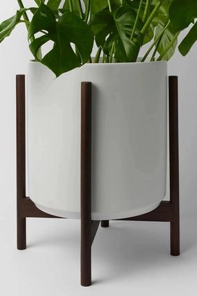 The 14" White Cylinder w/ Dark Teak Stand,indoor flower container