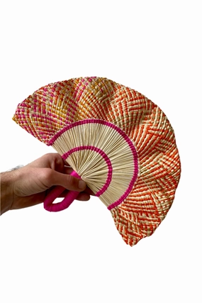 Toquilla Frilly Hand Fan Natural, Pink &Orange,potted plant decor