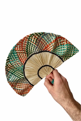 Toquilla Frilly Hand Fan Teal, Green & Red,potted plant decor