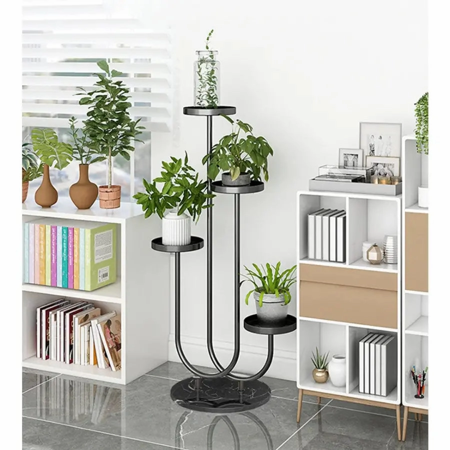 U-Shaped Black Metal Plant Stand for 4 Planters