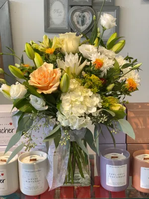Vase arrangement No.83 (Photo shown is Medium size. Small $70, Medium $90, Large $110 Extravagant $130 CAD),faux bloom stem 