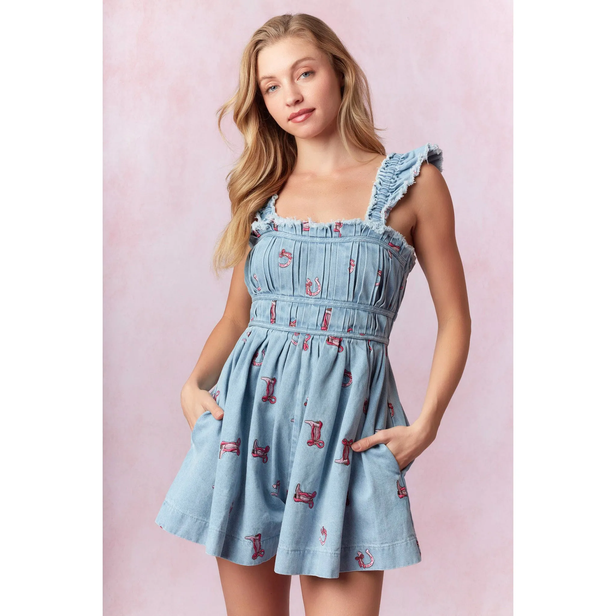 Western-Thema Pink Bestickte Wasch-Denim-Overalls