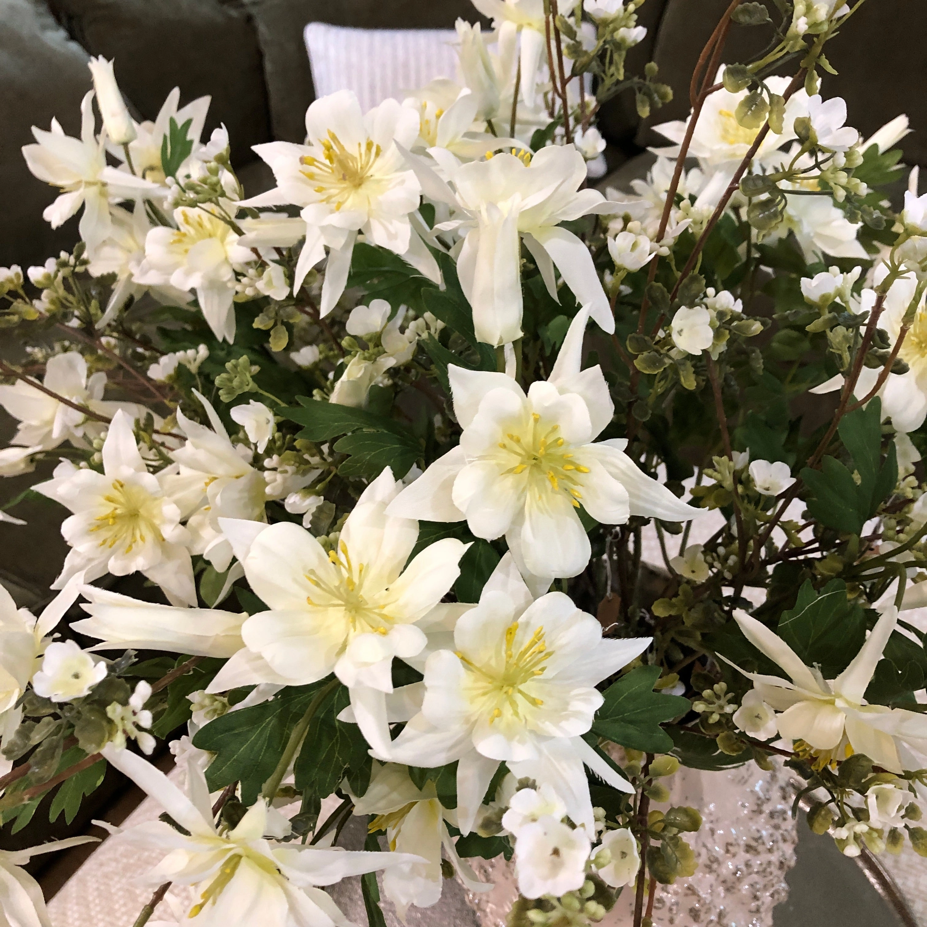 White Aquilegia Spray with Leaves 68cm,dried artificial flower