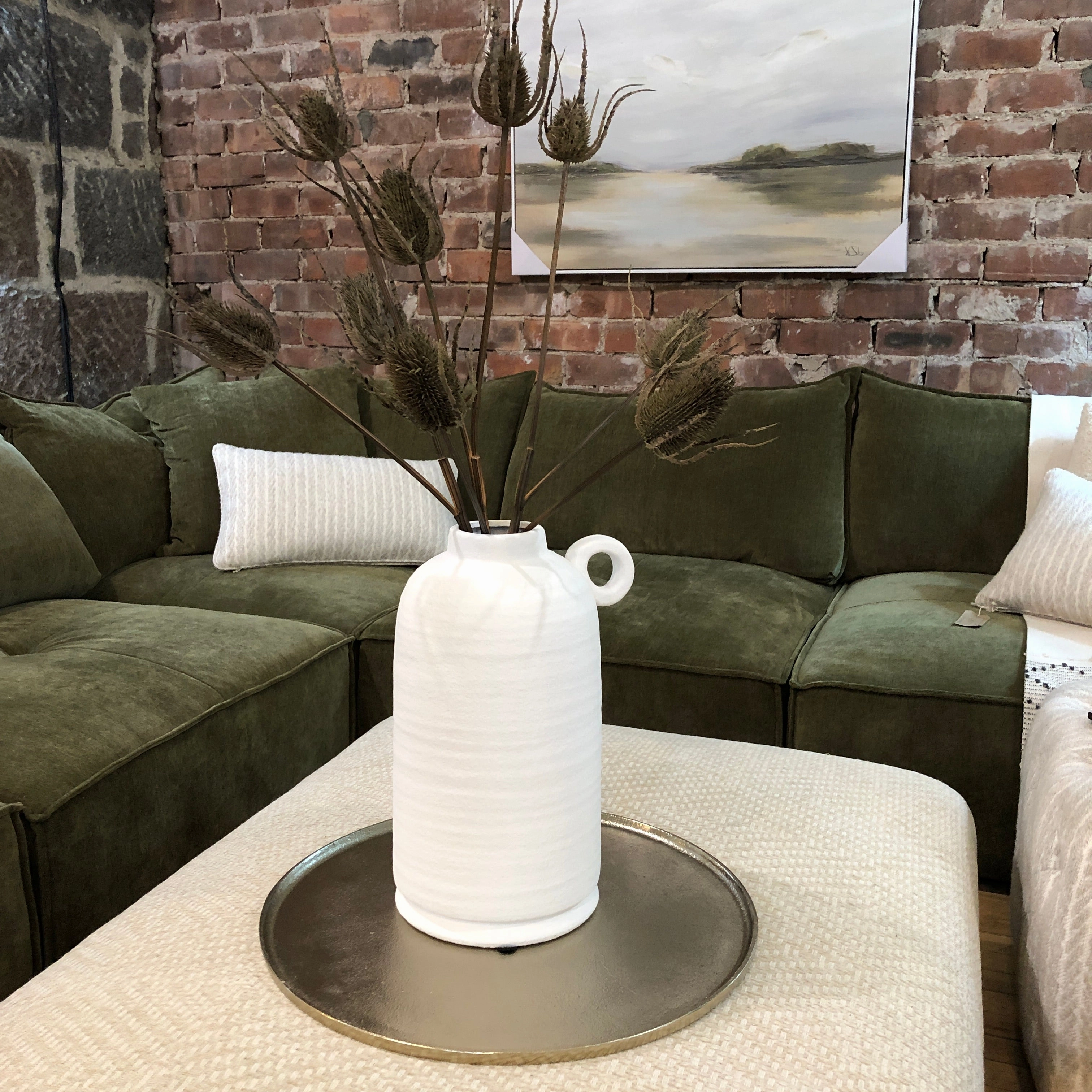 White Cement Vase with Handle 40cm,hand-painted ceramic vase