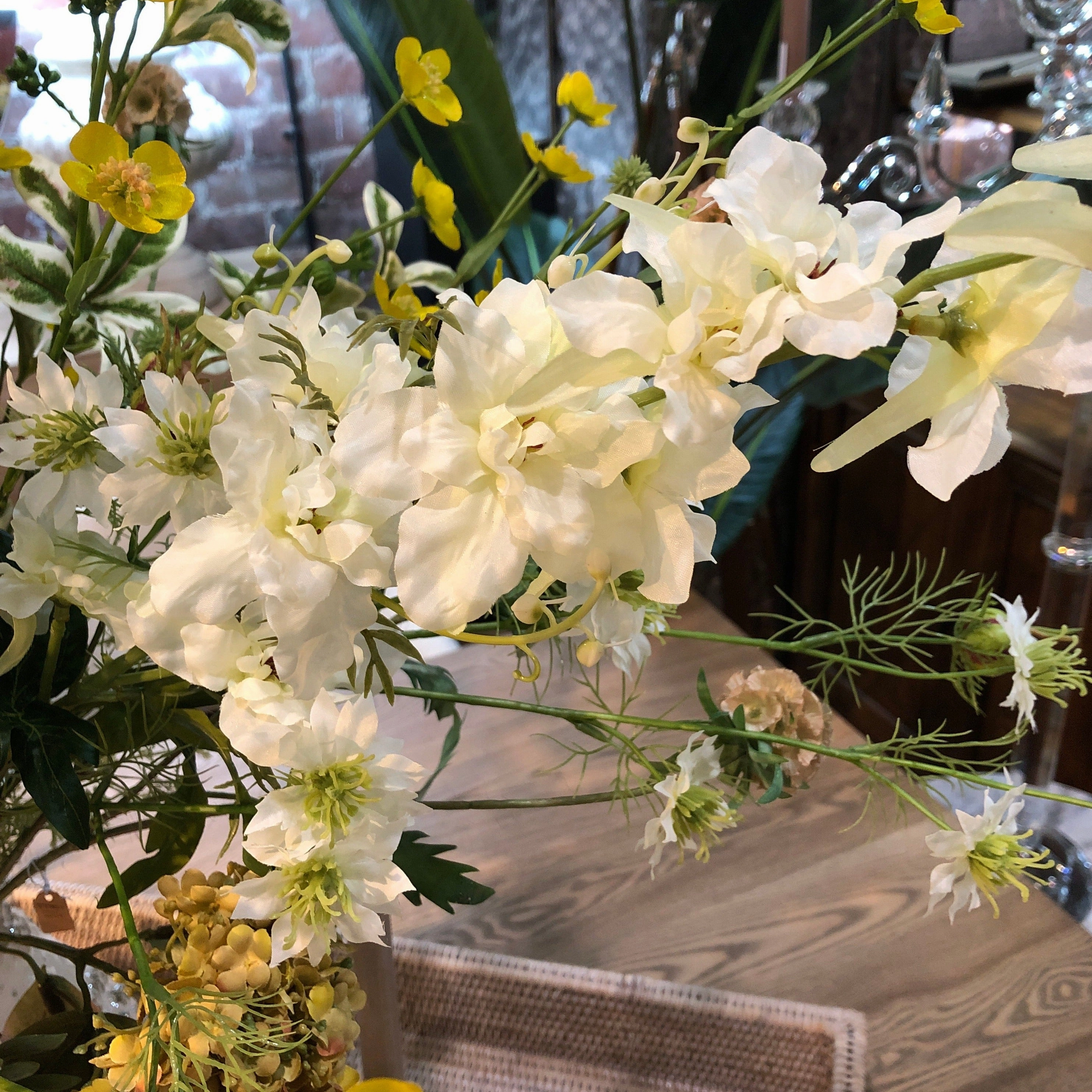 White Delphinium Spray with Leaves 90cm