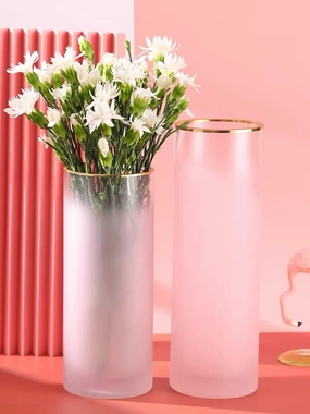 White frosted 14 cylinder Vase with Gold metal top,aesthetic flower vase