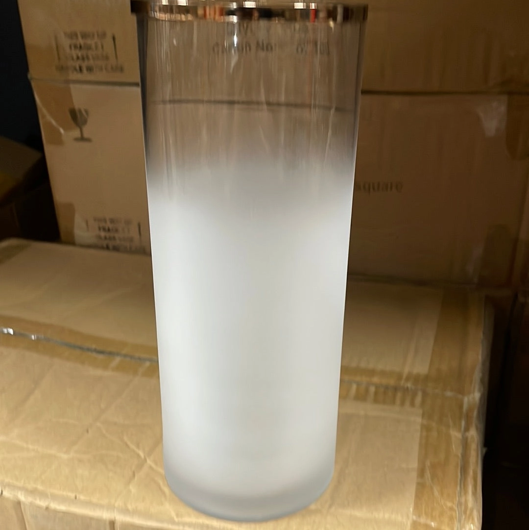 White frosted 8" cylinder Vase with Gold metal top,aesthetic flower vase