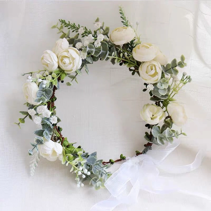 White Head piece for bride ranunculus head band realistic flower bouquet  
