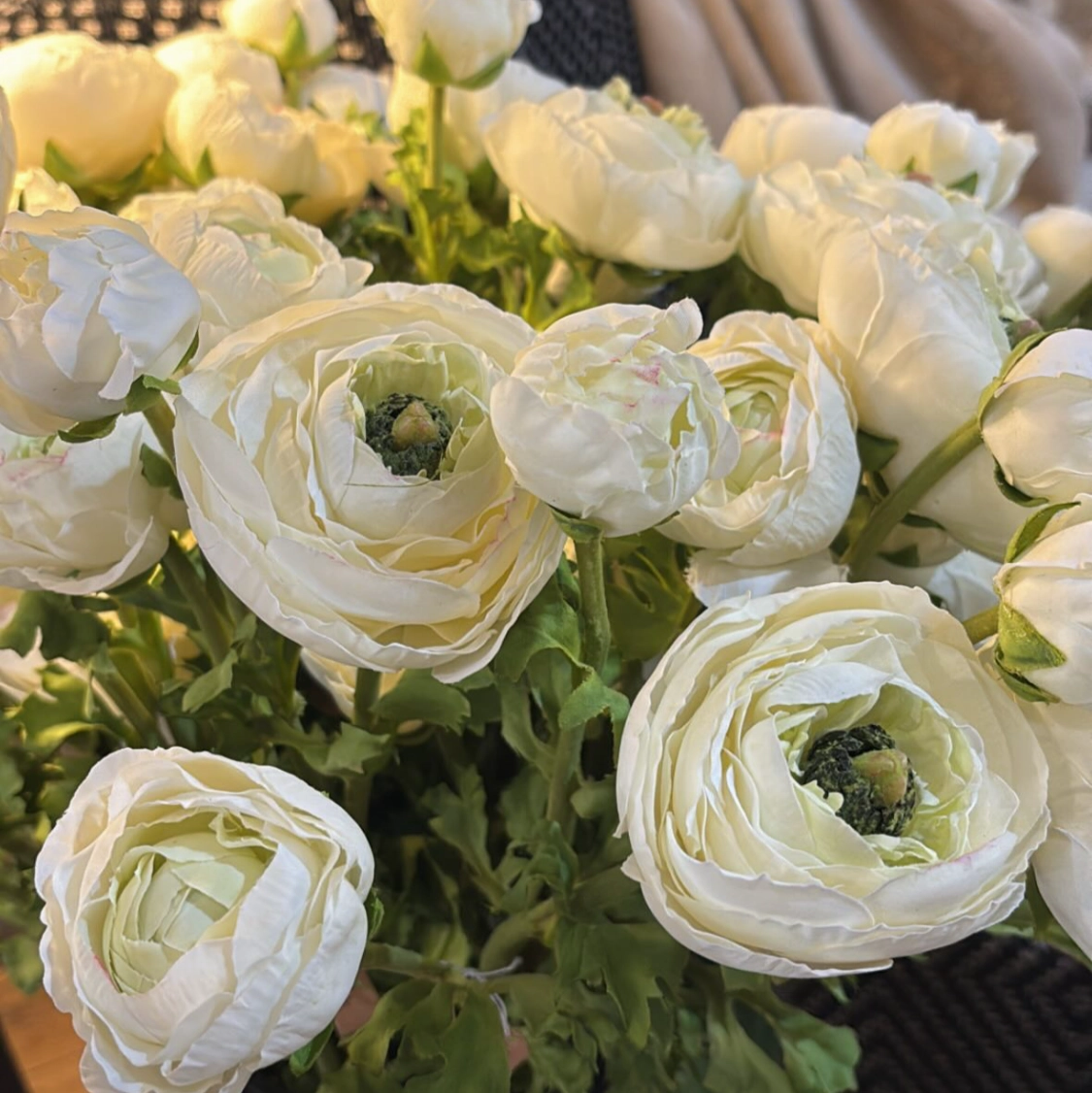 White Real Feel Ranunculus with Leaves 62cm,dried artificial flower
