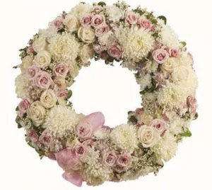 Wreath - Round White and Pink,realistic flower bouquet 